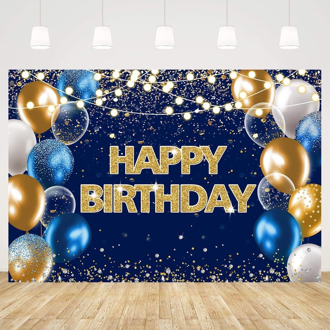 Blue Birthday Backdrop Banner Gold Balloon Stars Anniversary Photo Booth Background for Men Women 16th 30th 40th 50th 60th Happy Birthday Party Supplies Decorations